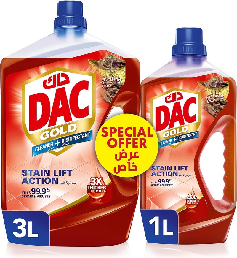 داك منظف ​​ومطهر DAC Gold - برائحة العود (3 لترات + 1 لتر)، متعدد الاستخدامات لإزالة 99.9% من الجراثيم والبكتيريا، مع نظافة وانتعاش يدومان طويلاً. - Image 1